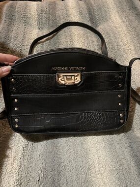 Adrienne Vittadini Black Croc-Embossed Leather Crossbody with Gold Hardware